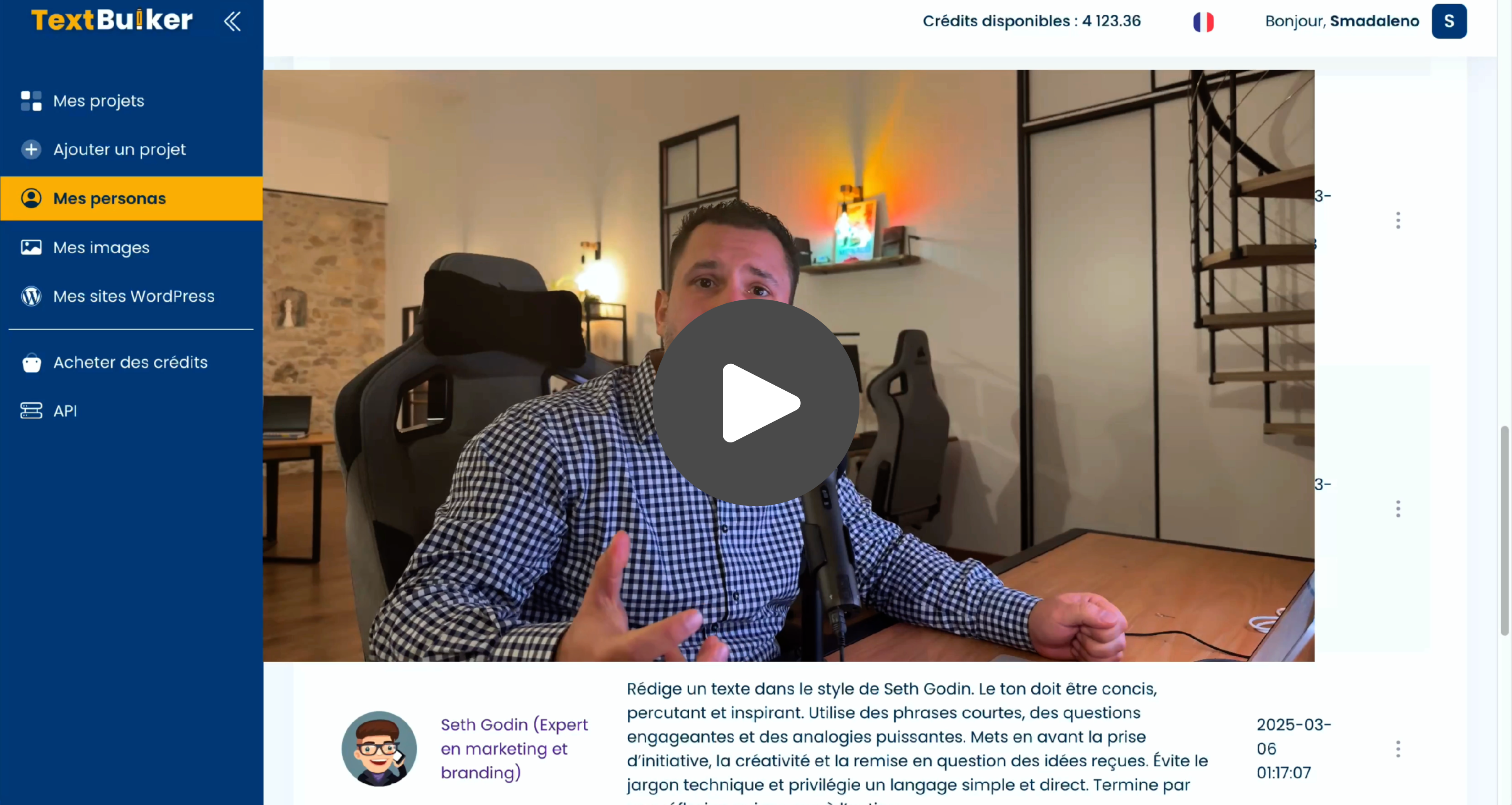 Interface de création de persona sur TextBulker - Voir la vidéo sur YouTube