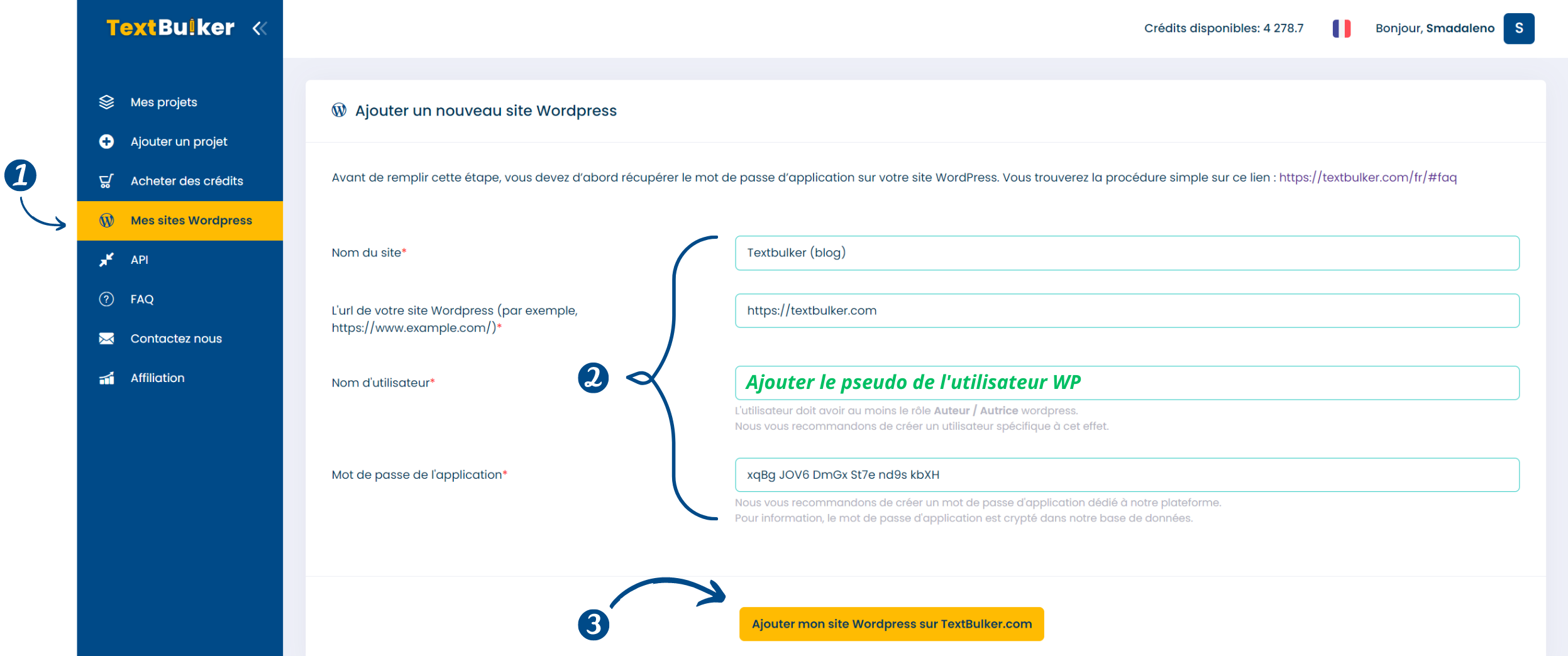 Formulaire d'ajout de site WordPress sur TextBulker