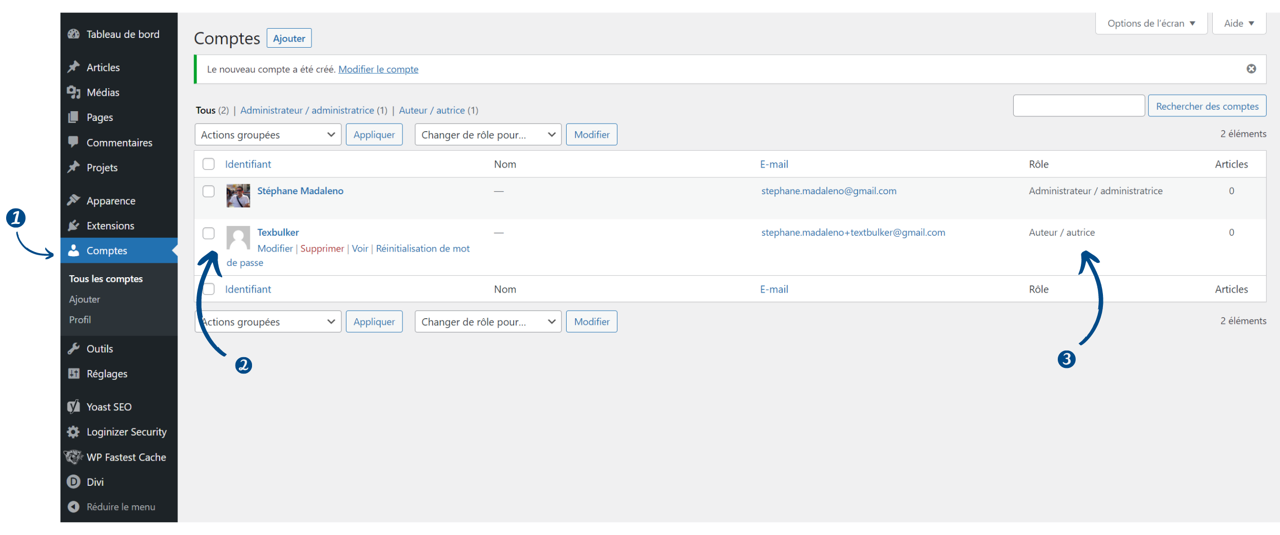Menu comptes WordPress